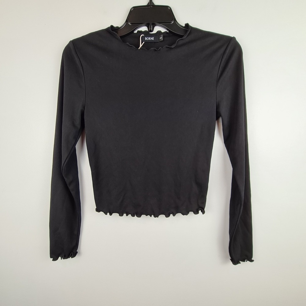 Borne Women's Long Sleeve Ruffled Lettuce Edge Neck Ribbed Top Small Black Basic